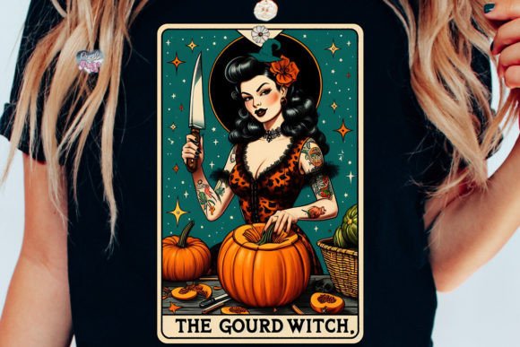 The Gourd Witch: Retro Tarot PNG for Halloween Merch